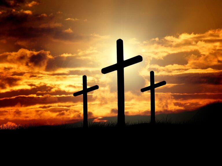 crosses, sunset, silhouettes