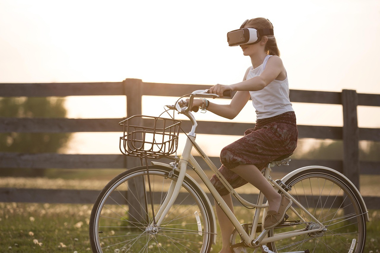 augmented reality, bicycle, girl, bike, child, cyclist, fence, fun, metaverse, outdoors, person, virtual reality, virtual reality glasses, virtual reality goggles, virtual reality headset, vr headset, augmented reality, augmented reality, bicycle, bike, virtual reality, virtual reality, virtual reality, virtual reality, virtual reality, vr headset