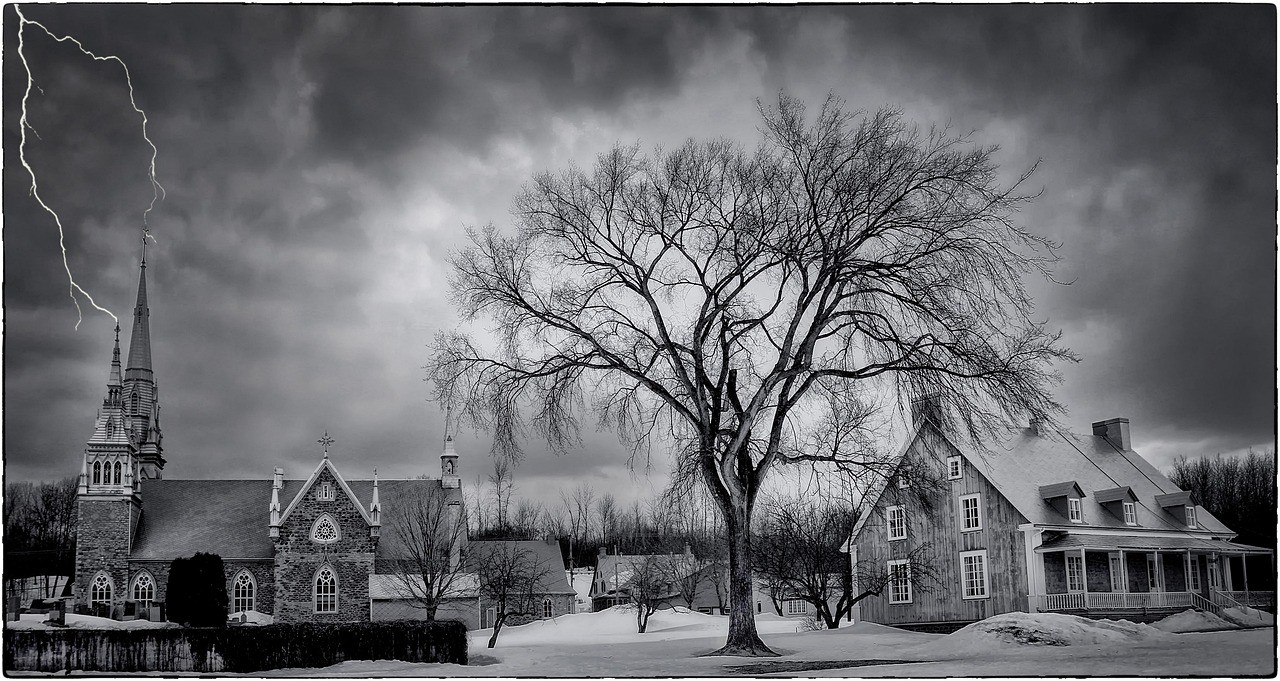 lightning, church, tree, landscape, enlightened, light, sky, dark, house, snow, black and white, god, anger, presbytery, god, god, god, god, god, nature, anger, anger