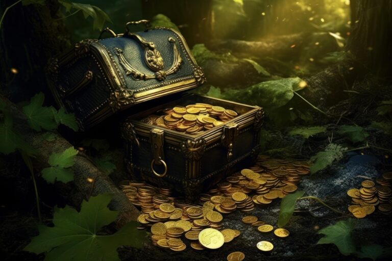 ai generated, leaves, treasure chest, nature, gold coins, forest, mysterious, mystical, gold treasure, treasure hunt, wealth